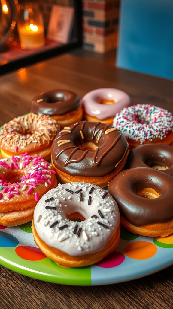 Delicious Donut Mukbang Recipe An array of colorful donuts with different toppings on a platter, ready for a mukbang.
